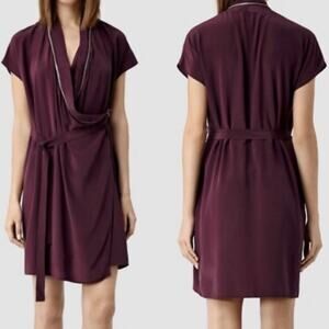 AllSaints Womens Silk Dress Adria Zipper Surplice A-Line Mini Merlot Size 4